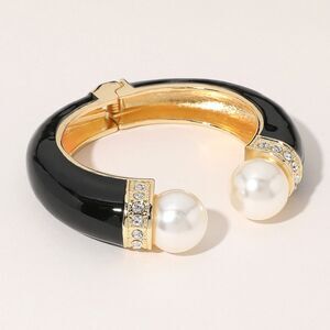 Black Gold Pearl Tip Enamel Cuff Hinged Bracelet Fashion Statement Accessory